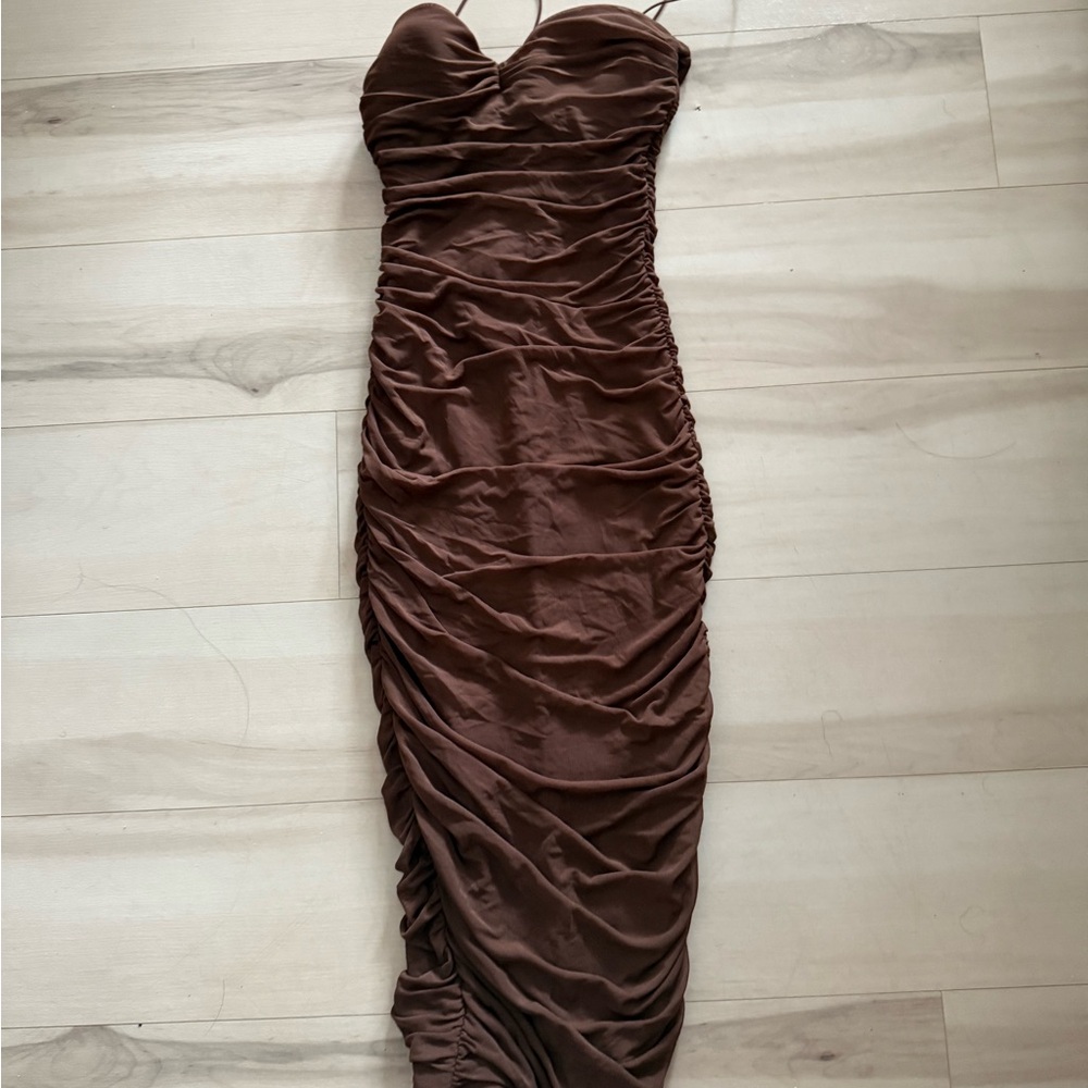 Oh Polly Chocolate Brown Strapless Ruched Bodycon Dress